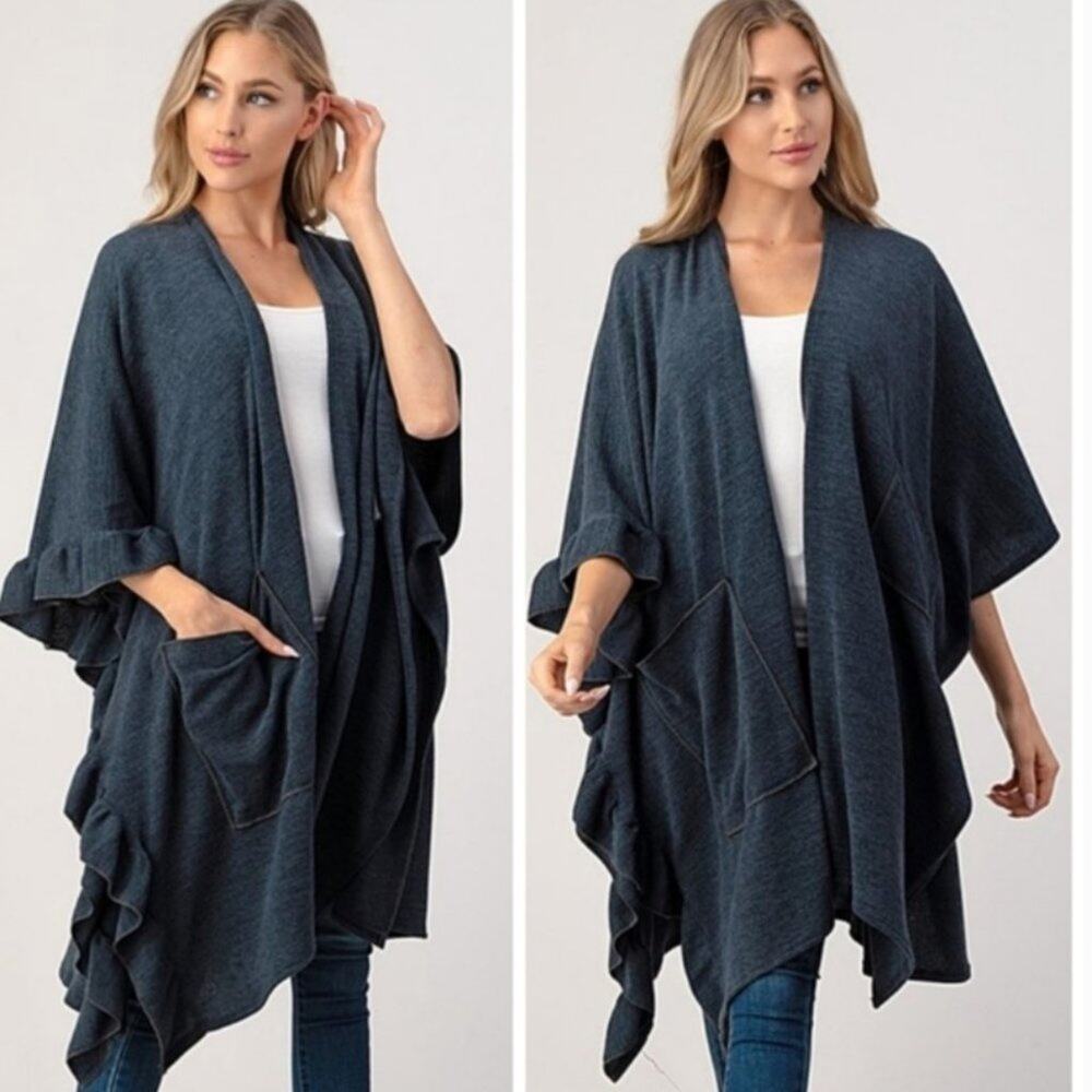 NWT Long Slate Blue Ruffled Cardigan Cape